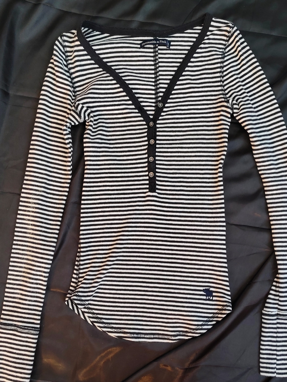 Abercrombie & Fitch Black and White Striped Long Sleeve Henley